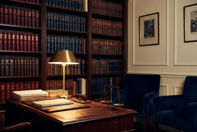 Biblioteka prawnicza z wagą sprawiedliwości